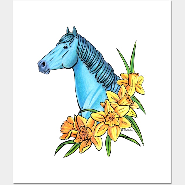 Aquamarine Horse with Daffodil Flowers Wall Art by lizstaley